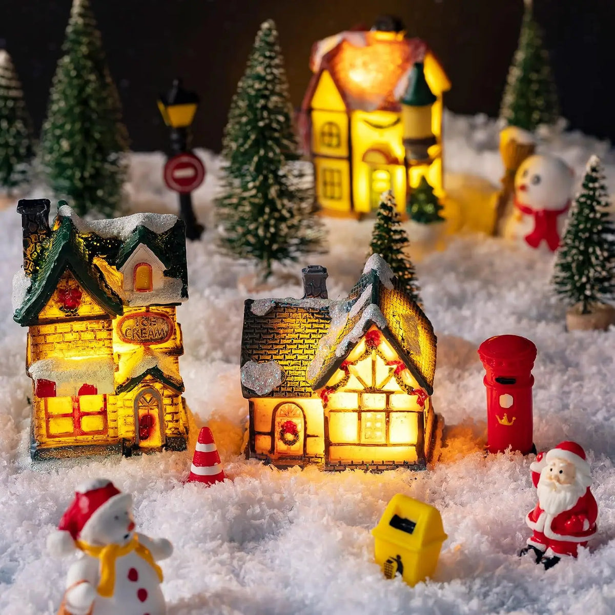 Christmas Ornament Village Houses LED Light Collectible Figurines Snow Blanket Desktop Decoration Town Scene Xmas New Year Gift