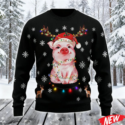 2026 Ugly Christmas Sweater For Men Cute Animal Pig Pattern Oversized Sweatshirt Family New Year Holiday Round Neck Hoodie