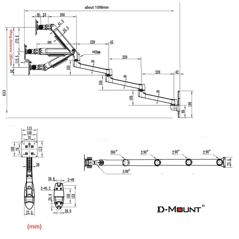D-MOUNT 7014 Aluminum Mechanical Spring 17'-32' TV Monitor Wall Mount Bracket Extra 4 Section Long Arm Full Motion Rotate 3-6kg