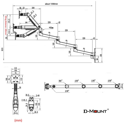D-MOUNT 7014 Aluminum Mechanical Spring 17'-32' TV Monitor Wall Mount Bracket Extra 4 Section Long Arm Full Motion Rotate 3-6kg