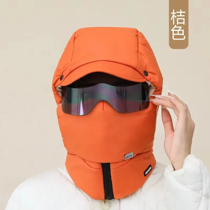 Winter Ski Hat Warm Windproof Full Cover Balaclava Mask with Glasses Adjustable Thermal Plush Thickened Unisex Motorcycle Mask