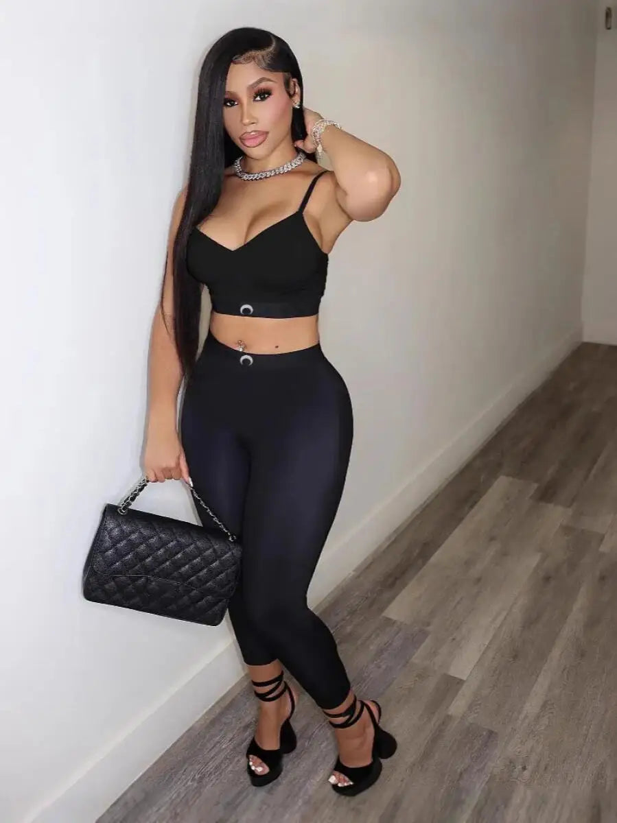 Slim Fit Two Piece Set Women Moon Tank Top Pants Ins High Street Summer Sexy Black Versatile Outer Set