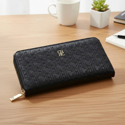 CH Elegant Embossed Zipper Wallet Brand Gold Micro Logo Multi-Card Slots Zipper Compartment Leather Clutch Wallet
