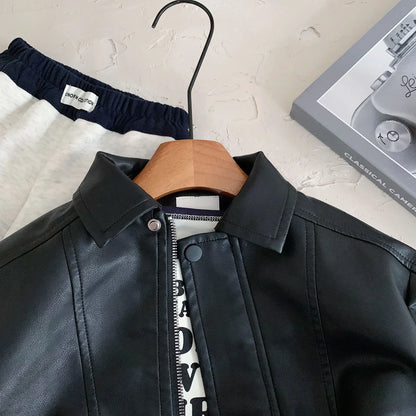 Spring Autumn New Girls boys Leather Jacket Solid Color Lapel Handsome Motorcycle Zipper Coat For 2-8Y Kids Fashion Pu Outwear