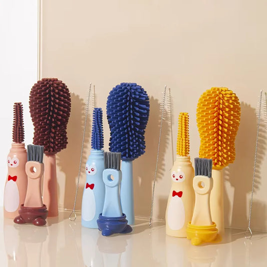 4 In 1 Set Baby Bottle Brush Multi-Fuction Cleaner Silicone Straw Pacifier Milk Bottle Cup 360 Degree Penguin Silicone Brush