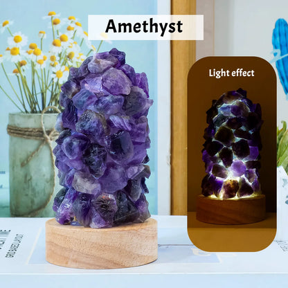 1PC Citrine Crystal Wishing Lamp with Natural Amethyst Raw Stones, Dimmable USB Night Light with Switch, for Home & Bedroom Deco