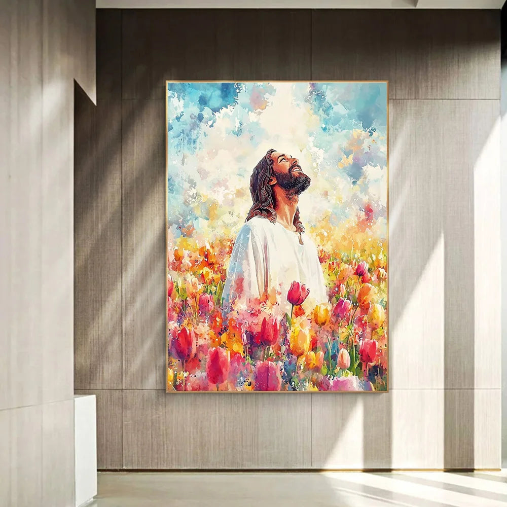 Graffiti Christian Jesus With Child Art Posters Christian Faith Jesus Walking In Flower Field Canvas Painting Bedroom Home Decor