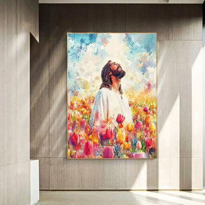 Graffiti Christian Jesus With Child Art Posters Christian Faith Jesus Walking In Flower Field Canvas Painting Bedroom Home Decor