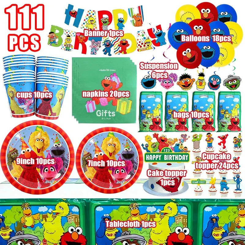 Birthday Party Decoration Set Supplies Cartoon Sesame Streets Birthday Party Supplies Tableware Balloon Cake Topper Banner Plate