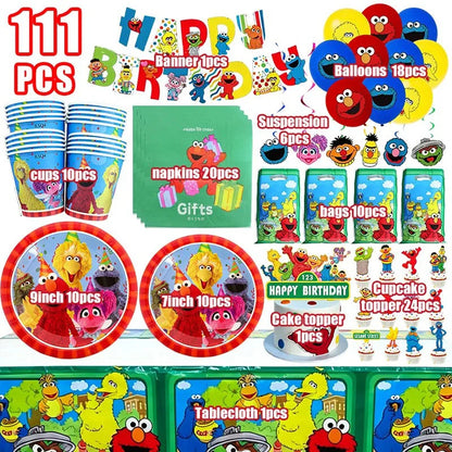 Birthday Party Decoration Set Supplies Cartoon Sesame Streets Birthday Party Supplies Tableware Balloon Cake Topper Banner Plate