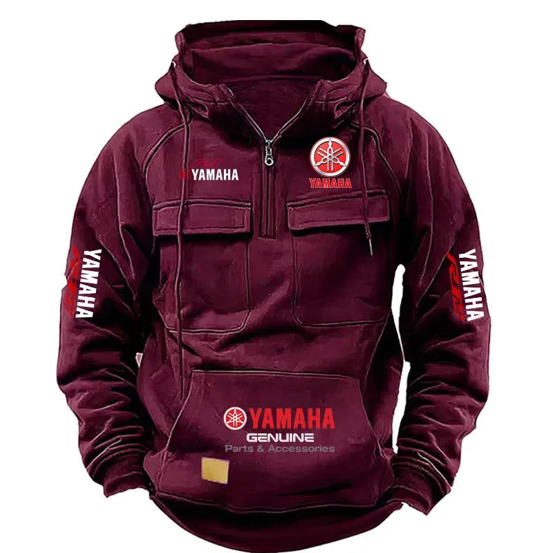 2026 New YAMAHA Logo Men Retro Velvet Half Zip Hoodie Multi Pocket Motorcycle Racing Sweatshirt Autumn Winter Casual Outerwear