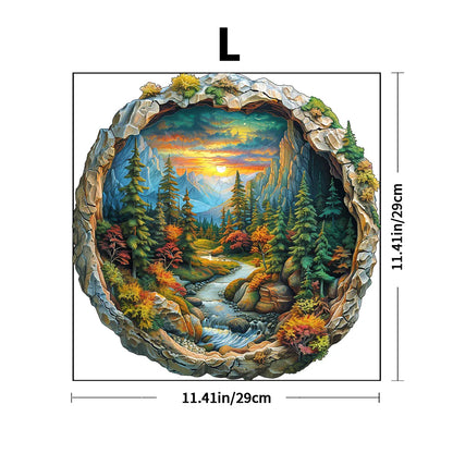 3D Wooden Circular Puzzle - Green Forest Sunset Scene, Family Game Activities, Wooden Home Decoration Gifts