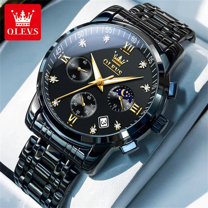 OLEVS 2858 Men's Watches Stainless Steel Waterproof Anti-Scratch Moon Phase Luminous Chronograph Luxury Quartz Men's Wristwatch
