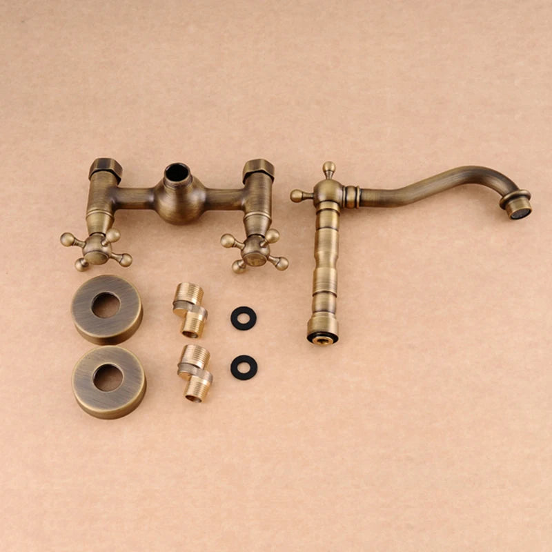 Wall Mounted Two Handles Antique Brass Finish Kitchen Sink Bathroom Basin Faucet Mixer Tap GZ8118