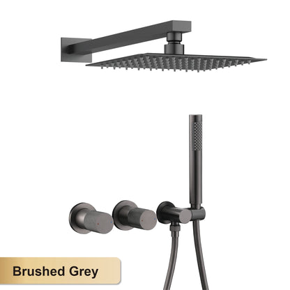Luxury Bathroom Brass Gun Grey Wall-Mounted Shower System 2 Function Embedded Bath Mixer Tap Dual Spray Rainfall/Handheld