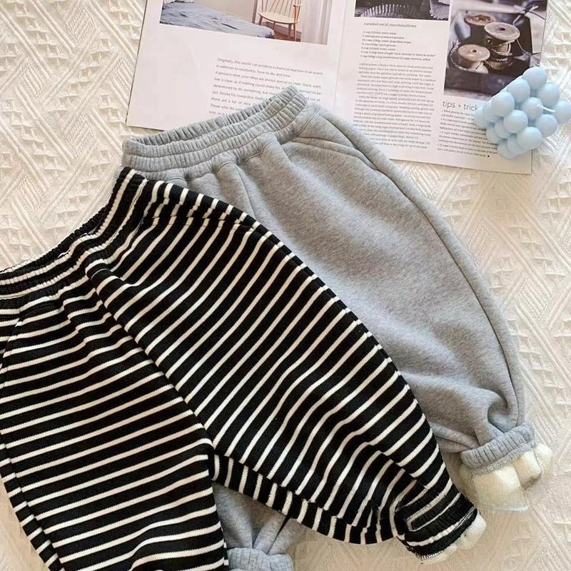 Autumn Winter Boys' and Girls' Sports Plush Pants New Korean Edition Striped Children's Pant Boys Pants Girls Winter Clothes