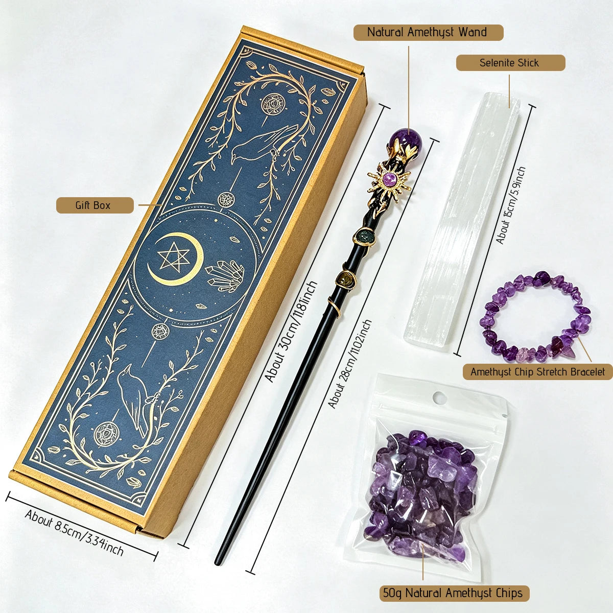 1box Amethyst Witch Crystal Wand Altar Kit, Natural Crystal Stones Selenite Wand Bracelet Wicca Ritual‑Supplies, Spiritual Decor