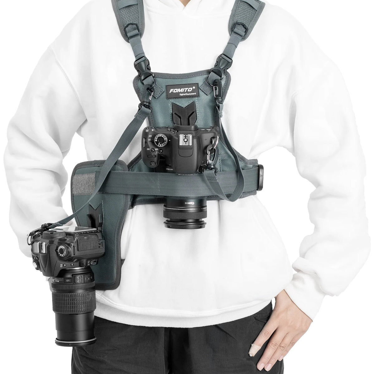 FOMITO Dual Camera Harness Multi Carrying Chest Vest System with Side Holster for Canon Nikon Sony Olympus DSLR Camera