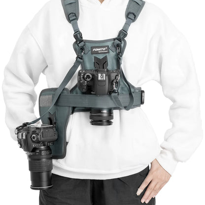 FOMITO Dual Camera Harness Multi Carrying Chest Vest System with Side Holster for Canon Nikon Sony Olympus DSLR Camera