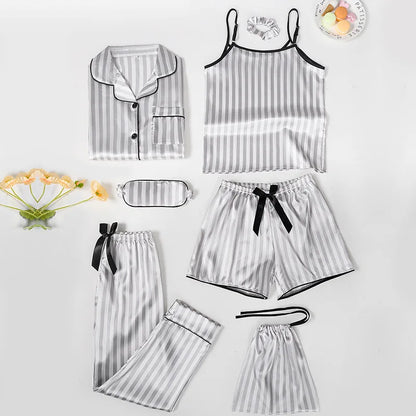 Kids Silk Like Striped Pajama Set 7 Piece Homewear All Season Wear Comfortable Sleepwear Outfit Girl Clothes