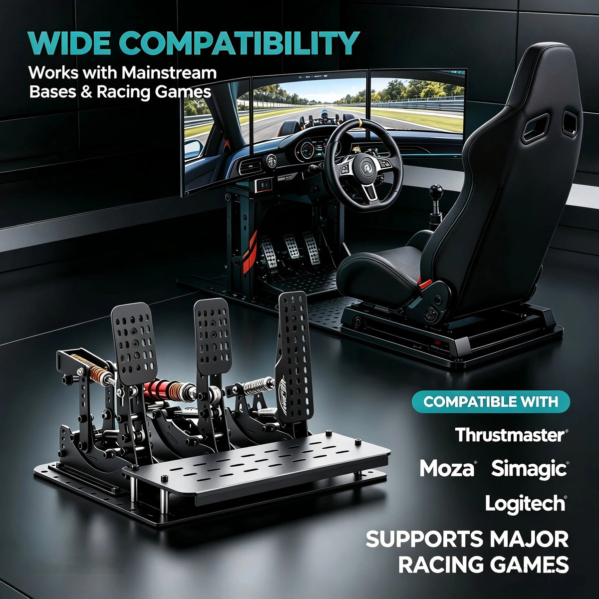 Simruito Sim Racing Pedals, 200kg Load Cell 3 Pedal Set, USB Simracing Pedals Adjustable Brake, Black/Silver for PC Simulator