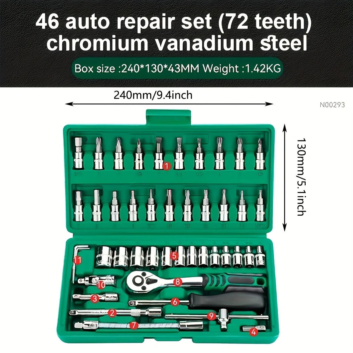 46pcs Set 1/4 Inch Drive Socket Ratchet Wrench Set, With Bit Socket Set Metric And Extension Bar For Auto Repairing