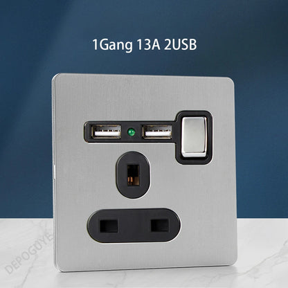 Wall Light Toggle Retro Switch Panel 1-4 Gang 2 Way EU Silver Gray Brushed Stainless Steel Antique Switch Outlet with USB Chargi