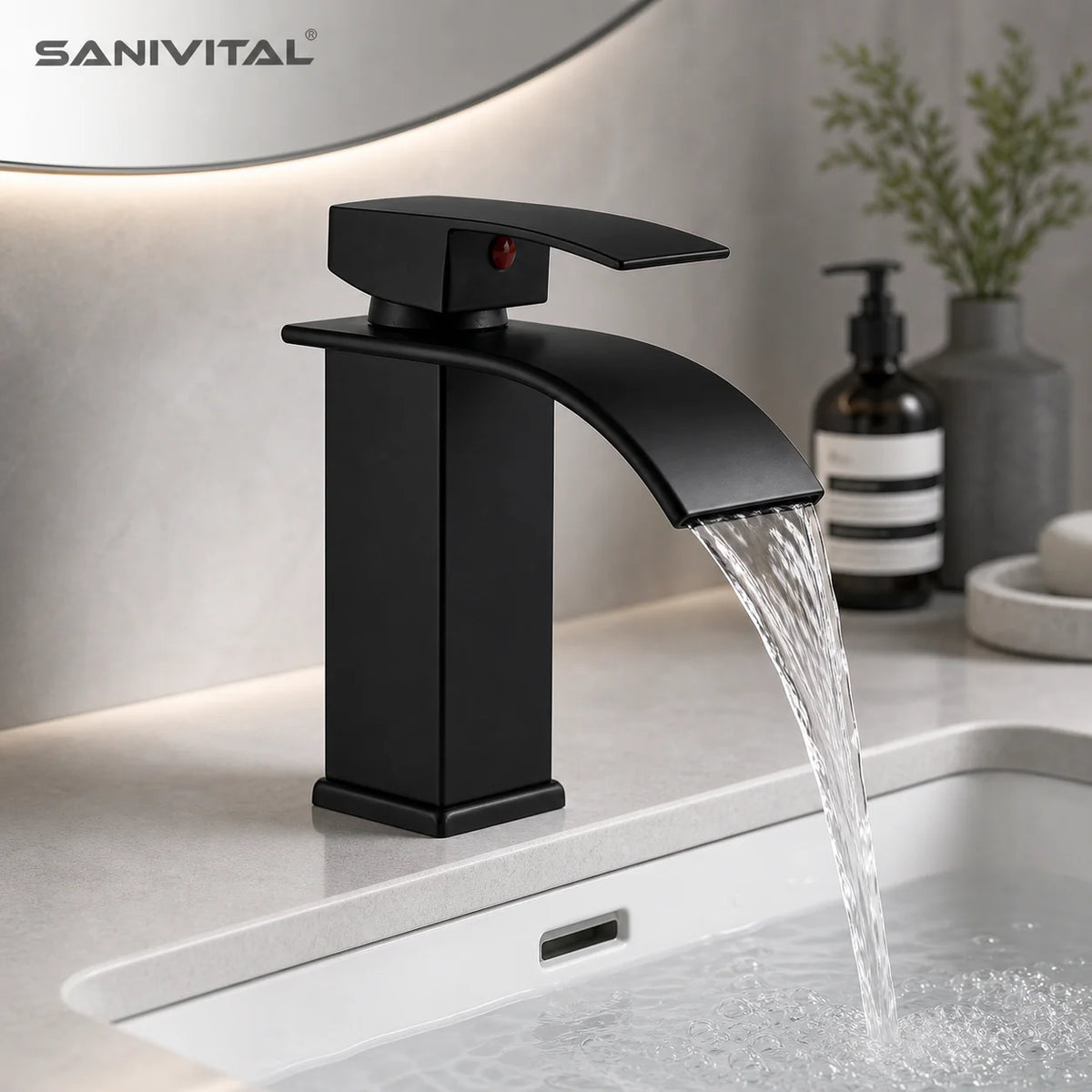 SANIVITAL Basin Faucet Matte Black Waterfall Spout Single Handle Hot Cold Bathroom Sink Mixer Tap Deck Mounted