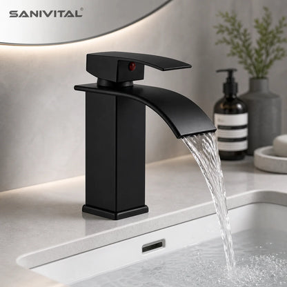 SANIVITAL Basin Faucet Matte Black Waterfall Spout Single Handle Hot Cold Bathroom Sink Mixer Tap Deck Mounted