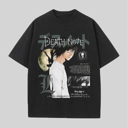 2026 Summer Death Note L Lawliet Anime T-Shirt Oversized Streetwear Cotton Tee Retro Manga Aesthetic with Moon & Japanese Text