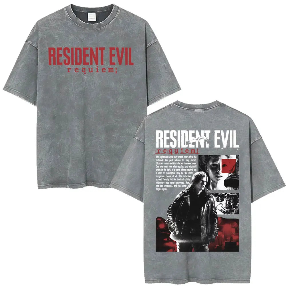 Limited Resident Evil Requiemm Anime T Shirt Men's Clothing Gothic Vintage Washed T Shirts Summer Tops O-Neck T-shirt Streetwear