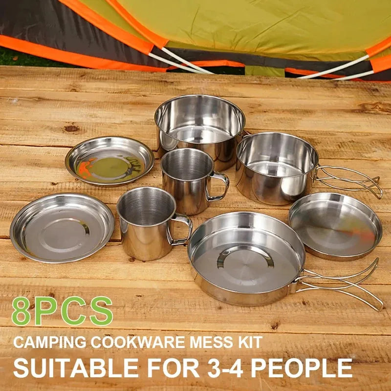 8 pcs/set camping cookware mess kit stainless steel cooking pot and pan set with plates cups for outdoor hiking backpacking