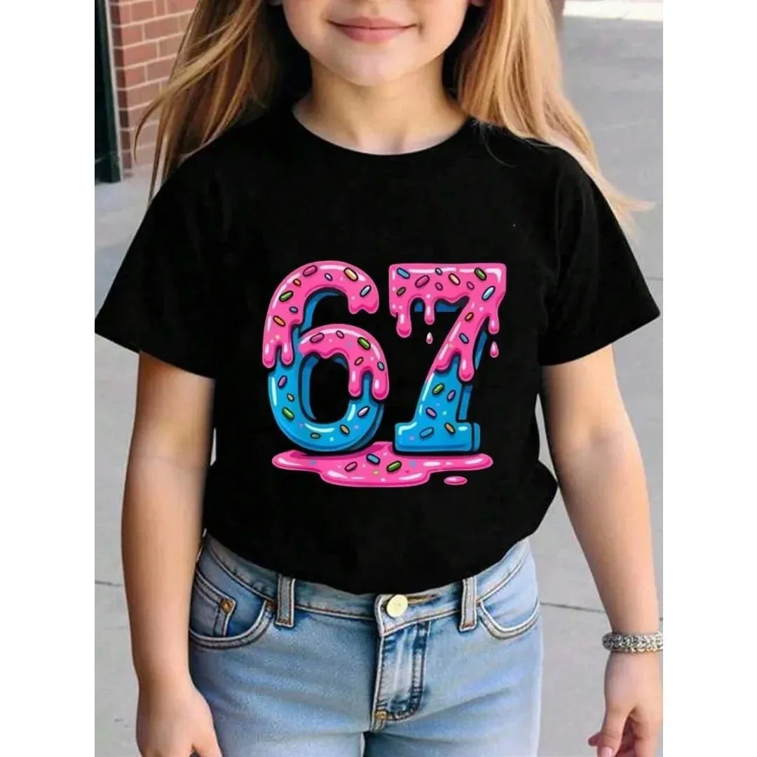 Children's 67 Christmas Elf Print Girls Short Sleeve Round Neck Tee Parties Casual Wear Comfort Children Clothes Girl Clothing