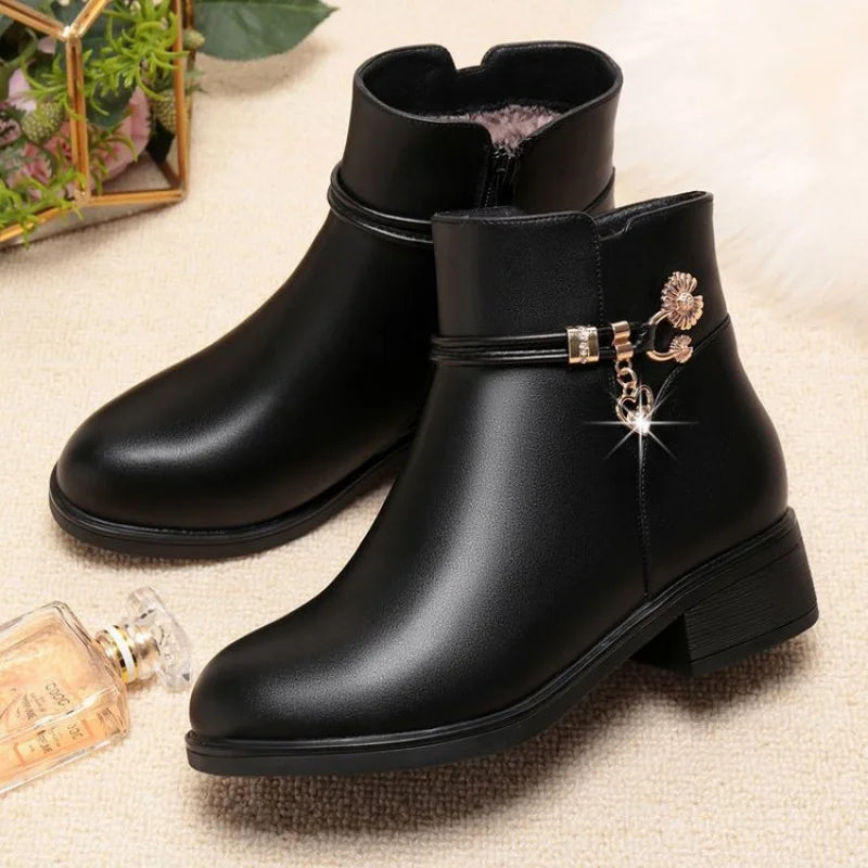 2025 Winter Soft Leather Furry Short Boots for Women - Chunky Heel Warm Cotton Shoes, Flat Black Leather Mom Shoes