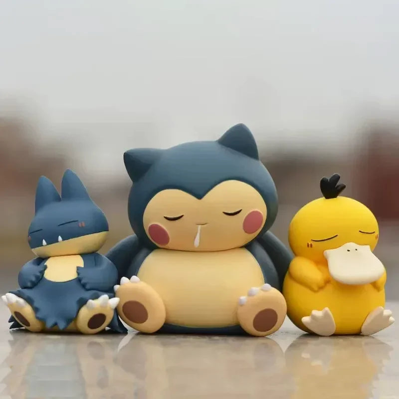 3pcs Pocket Monsters Sleeping Psyduck Snorlax Anime PVC Figure Set Cute Mini Spirit Doll Collection Model Toy Desktop Decor Gift