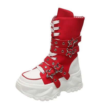 New Rock Platform Y2K Boots Women Summer 2026 Gothic Metal Star Belt Buckle Thick Sole Mid Calf Boots Woman Designer Punk Shoes