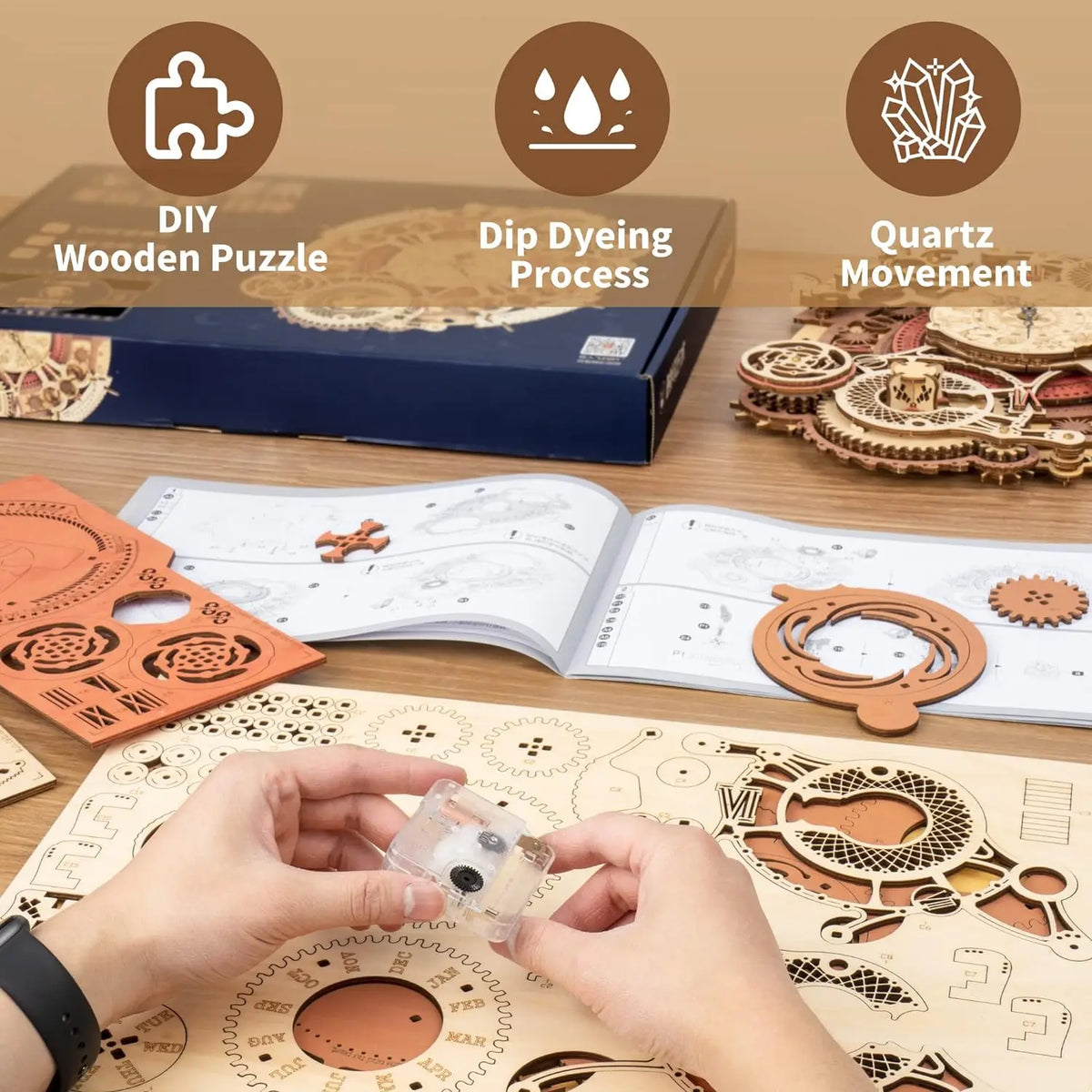 ROKR 3D Wooden Puzzles Wooden Steampunk Clock Kit  DIY Mechanical Wall Quartz Aesthetic Room for Adults