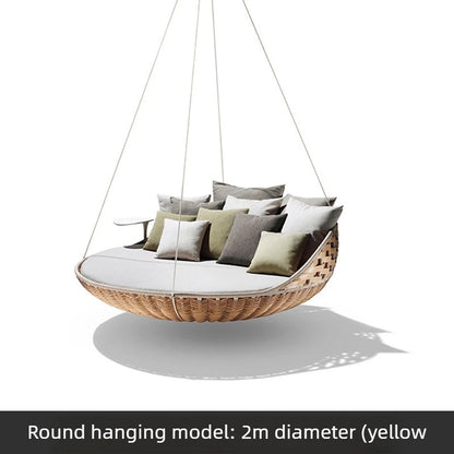 Outdoor Hanging Daybed Round Wicker Rattan Swing Bed Patio Garden Sofa Large Hammock Lounge Chair Waterproof Cushion