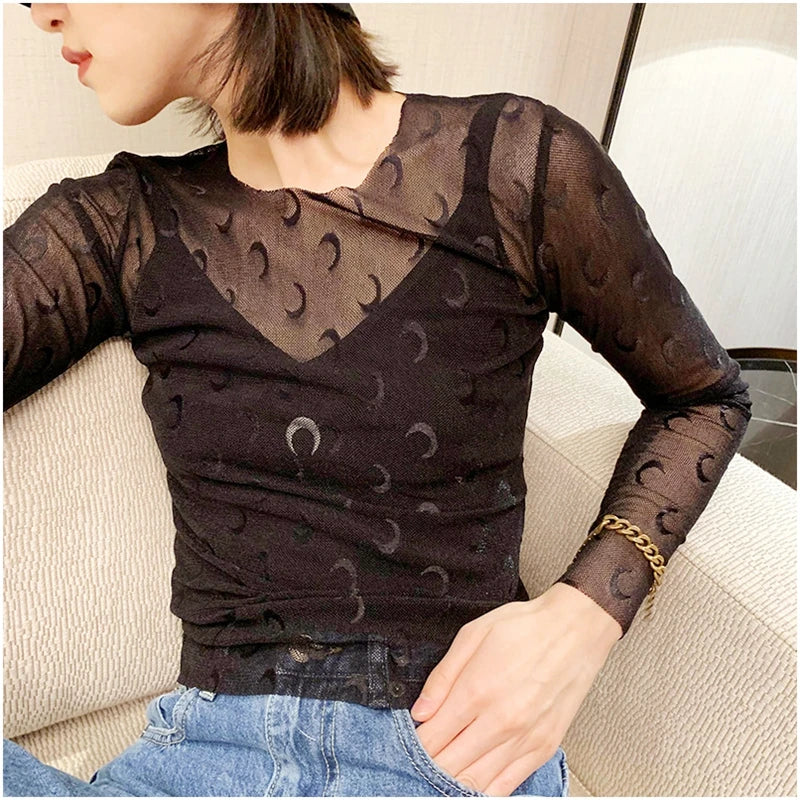 Ice Silk Two Piece Set Womens Sun Protection Clothes Long Sleeve Moon Print Top and Pants American Retro Sexy Autumn New