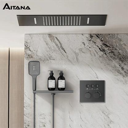 AITANA Gun Grey Luxury Brass Thermostatic Shower System Minimalist Concealed Ceiling Hot & Cold Water 3-Function Bathroom Mixer