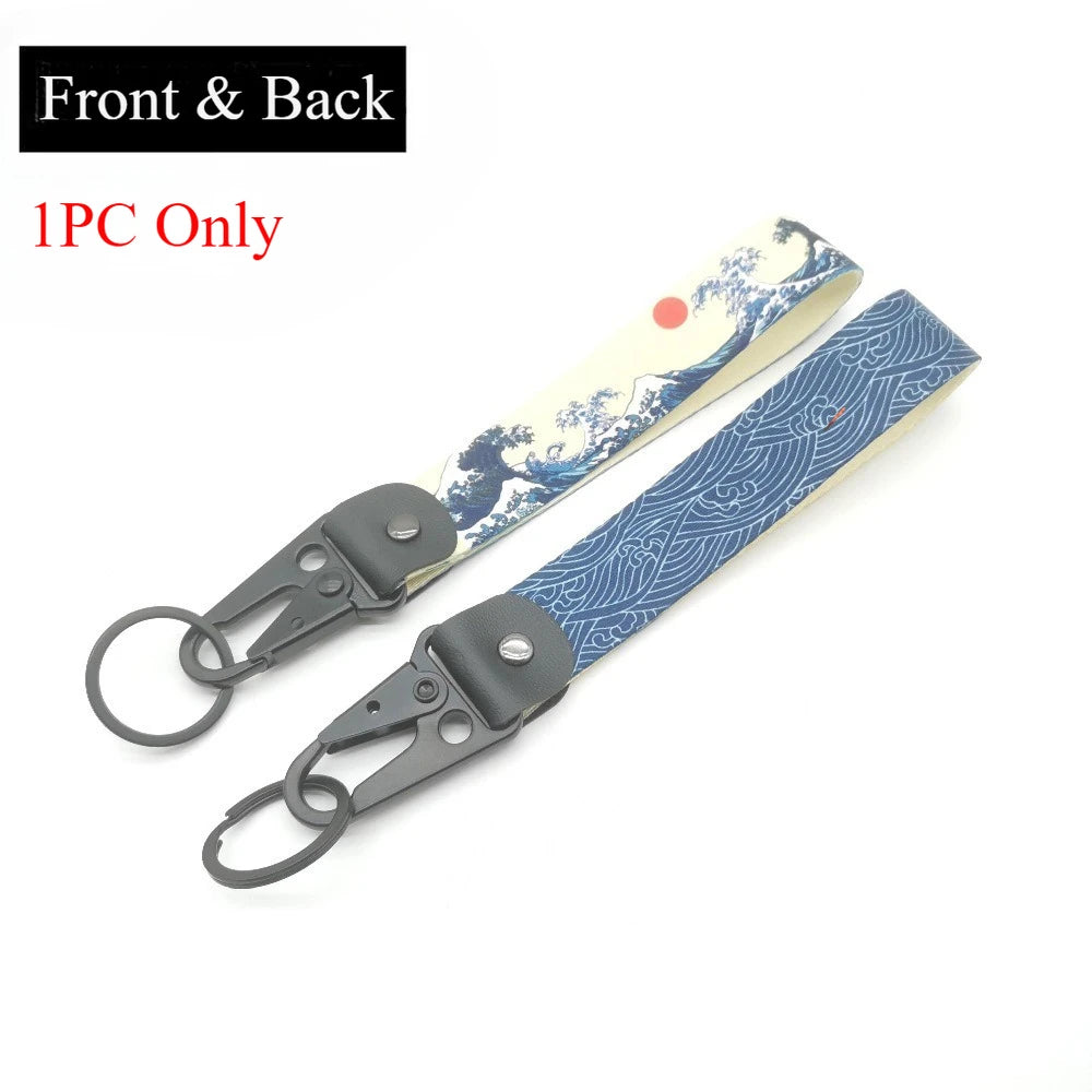 JDM Style Ukiyo-e Crane Keychain Racing Modified Nylon Motorcycle Keyring Auto Key Holder Accessories