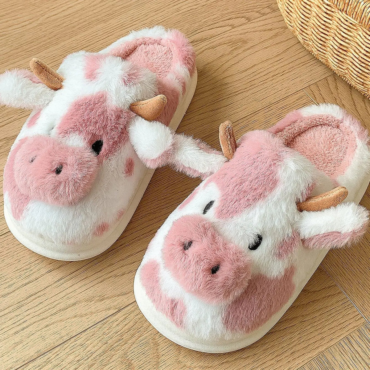 Casual Fluffy Slippers Women House Cute Cartoon Cow Designer Shoes Girl Flat Fashion Elegant Plush Winter Platform Footwear Home