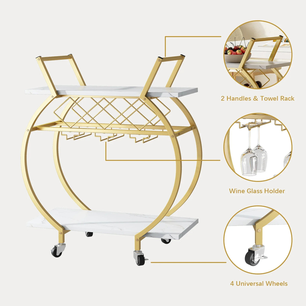 Gold and White Bar Cart Mini Rolling Kitchen Storage Cart with Wine Rack and Glass Holders Wine Cart