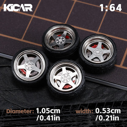Kicarmod 1/64 10.5mm Alloy Model Wheels with Magnetic Hub Caps-with Rubber Tires for Tomica Custom Diecast Cars