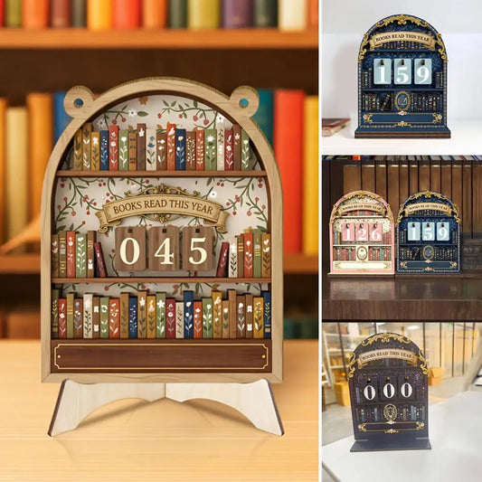 Wooden Book Reading Counter Vintage Year Tracker Multi-Purpose Bookshelf Ornament Home Office Gift for Reading Enthusiast