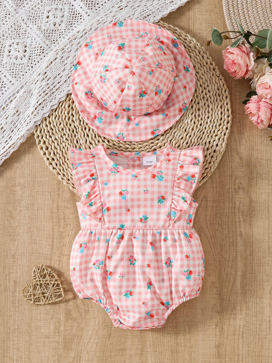 Cute Baby Girl's Summer Bestselling Round Neck Small Flutter Sleeve Infant Baby Romper with Hat, 2-Piece Set