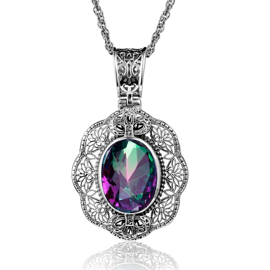 SILVERCHAKRA Big Mystic Topaz Gem Victorian Retro Pendant Necklaces for Women Floral Filigree Handmade 925 Silver Fine Jewelry