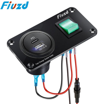 4 in 1 Marine Switch Panel 12V Dual USB Charger Socket Power Outlet LED Voltmeter Cigarette Lighter Socket ON Off Button Switch