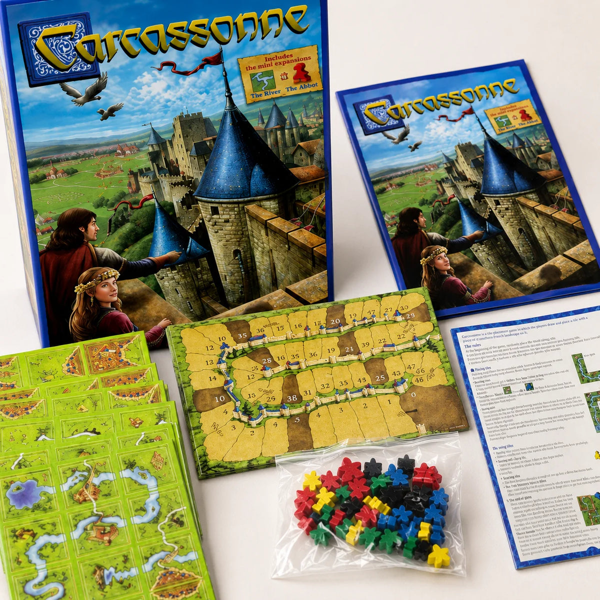 Carcassonne Tile Placement Board Game 48PCS Medieval City Strategy Game with Meeples Scoreboard English Version