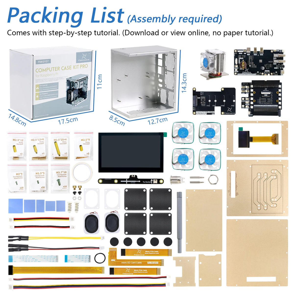 Freenove Raspberry Pi 5 Case Kit Pro, 2/4 M.2 NVMe SSD Slots, 5 PWM ARGB Fans, 4.3" Touchscreen, Stereo Speakers, 3.5 mm Audio
